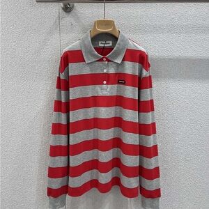 Miu Miu Red and Gray Striped Long Sleeve Polo